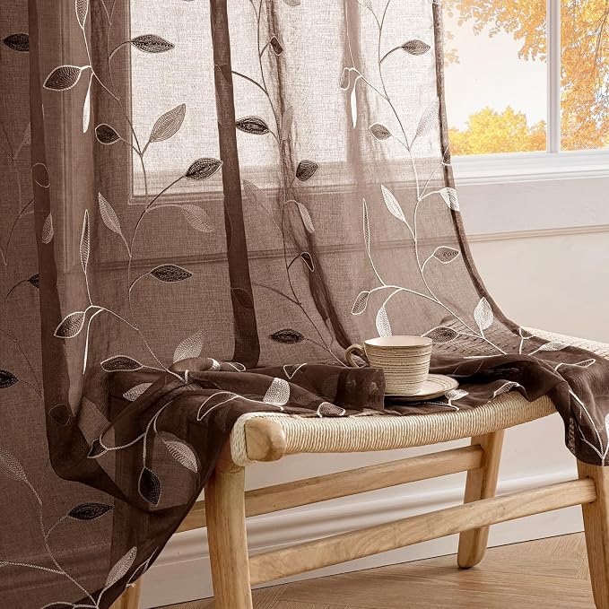 MIULEE Chocolate Brown Sheer Curtains 2 Panels Leaf Patterned, W52 x L84 | Embroidered Floral Semi Sheer,Rod Pocket,Faux Linen,Short Window Curtains Drapes Set for Kitchen/Bathroom/Cafe