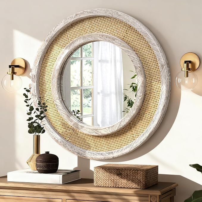 JJUUYOU Round Mirror Wood Frame Circle Hanging Mirrors for Wall Mounted 20 Inch Vintage Mirror for Living Room Bathroom Bedroom Entryway Old White