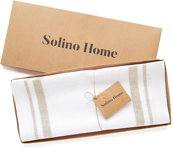 Solino Home 100% Linen Table Runner, 14 x 60 in, Natural and White Striped | French Stripe, brings a tailored look to family meals and hosting, woven stripe, European flax fibres, OEKO-TEX Certified