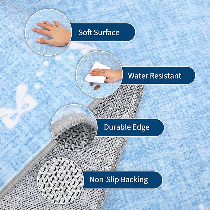 COZYLOOM 2x6 Kitchen Runner Rug Bow Bordered Long Rugs for Hallway, Solid Color Throw Rugs with Rubber Backing Washable, Non Shedding Stain Resistant Modern Carpet for Entryway, Bedroom, Blue