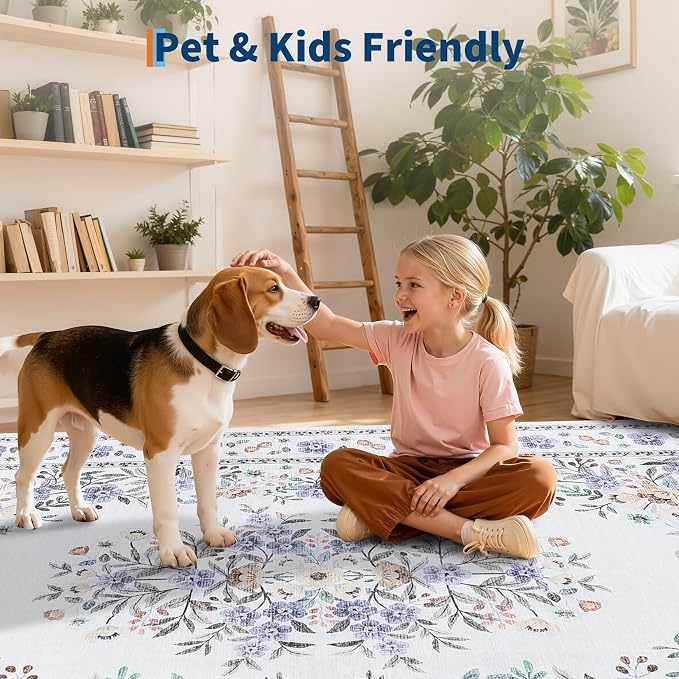 GarveeHome 2x6 Floral Runner Rug for Nursery Vintage Flower Runners | Washable Non-Slip Low Pile Botanical Floor Carpets for Bedroom Multi-Color Floral Area Rugs for Hallway Kitchen Beige