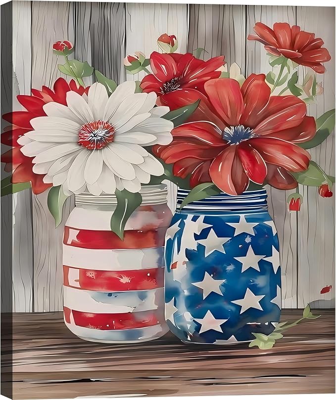 Framed American Flag Mason Jar Flower Wall Art, Patriotic Farmhouse Canvas Art Pictures, USA Flag Wall Decor, Made in USA Ready to Hang for Kitchen Living Room