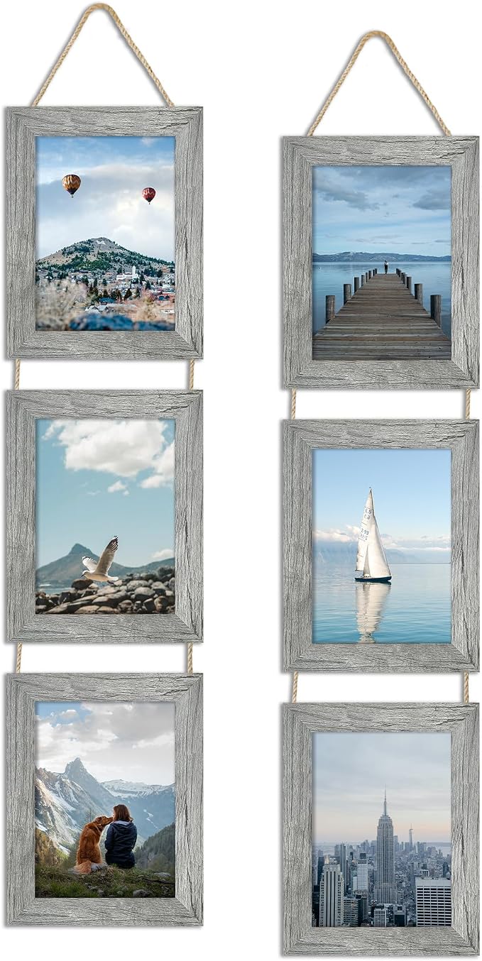 5x7 Collage Picture Frames Set of 2, Rustic Gray Wooden Real Glass Vertical Hanging 3 Opening 5 by 7 Photo Frame, Grey