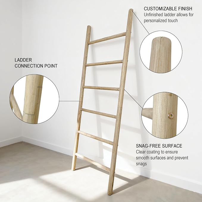 Wooden Blanket Ladder -77x24in Natural & Motley Wood - Leaning Wall Decor for Bedroom, Bathroom, Living Room - Rustic Quilt Holder & Towel Rack (77x24in | Knock Down,Light Wood Color)