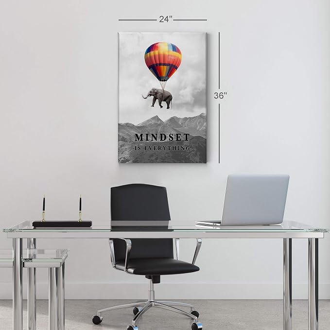 Smile Art Design Mindset is Everything Colorful Elephant Black and White View Motivational Wall Art Canvas Print Inspirational Entrepreneur Quote Office Living Room Decor Gift Ready to Hang 12x8