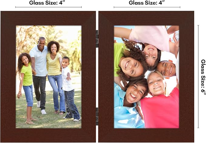 Americanflat Hinged 4x6 Picture Frame with Shatter-Resistant Glass - Double Picture Frames Display Two 4x6 Photos - Signature Collection - Photo Frame for Tabletop Display - Mahogany
