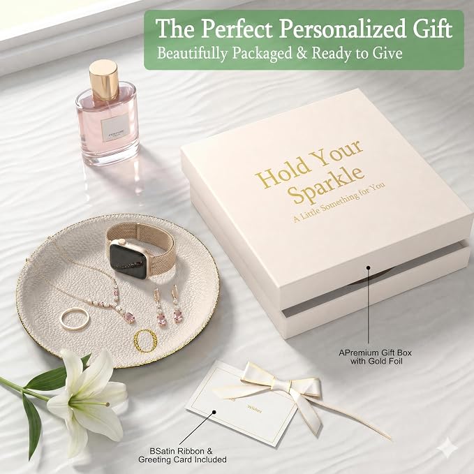 Initial Jewelry Dish for Women, Shatterproof Vegan Leather Ring Holder with Stainless Steel Core, Personalized Monogram Trinket Tray, Birthday Bridesmaid Gift with Box (Cream Letter O)