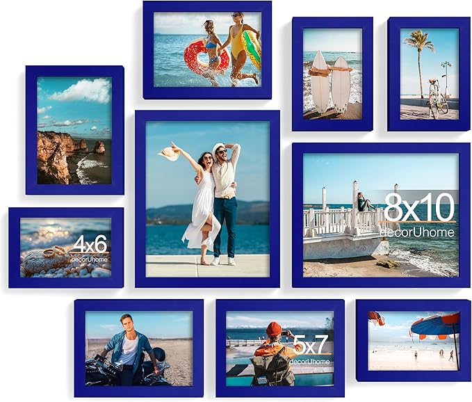 decorUhome 10 Pack Assorted Picture Frame Set for Wall & Tabletop, P0710BU | Royal Blue, Multi Size Picture Frame Includes Two 8x10 / Four 5x7 / Four 4x6 for Family Gallery Wall