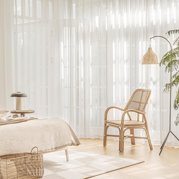 FMFUNCTEX Beige Linen Sheer Curtains, 96 Inches, 2 Panels for Bedroom | Natural Semi Sheer Drapes, Flax Linen, Rod Pocket, Light Filtering, Farmhouse French, Kitchen, Privacy, for Living Room
