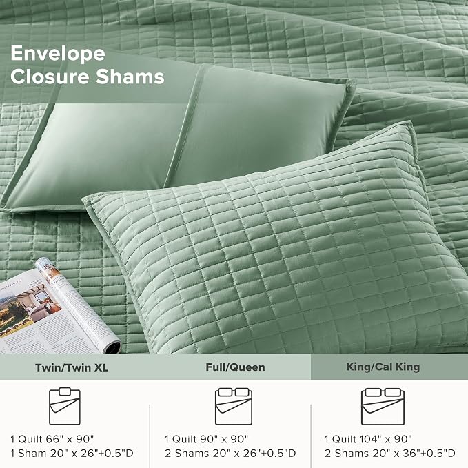 Comfort Spaces Kienna King Quilt Bedding Set 3 Piece, 104"x90" Sage Green | Soft Cozy Lightweight Summer Coverlet Cal King, Quilted Bedspreads Extra Layer, Modern Casual Bedroom Decor, OEKO-TEX