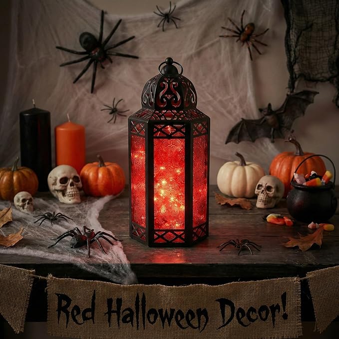 Vela Lanterns Decorative Indoor Red Gothic Fairy Light Candle Holder, L | Witchy Whimsigoth Fantasy Home Decor, Halloween Vampire Spooky, Moroccan Metal Hanging Flameless LED Lamp, 12" Tall