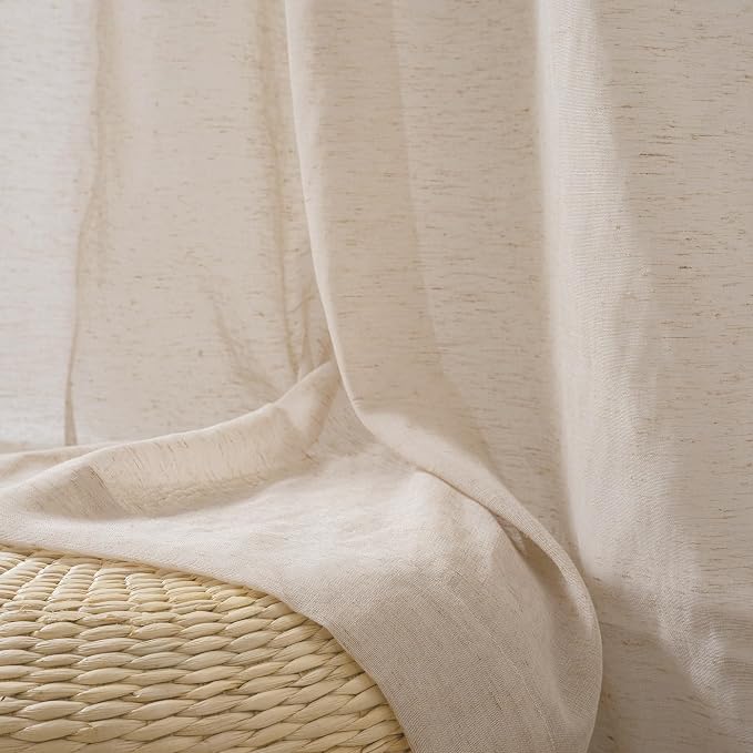 FMFUNCTEX Taupe Linen Sheer Curtains, 96 Inches, 2 Panels for Bedroom | Brown Semi Sheer Drapes, Flax Linen, Rod Pocket, Light Filtering, Farmhouse French, Kitchen, Privacy, for Living Room