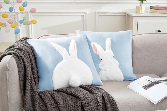 Pack of 2 Spring Easter Pillow Covers 18x18 Inch,3D Embroidered Bunny Rabbit Pillowcase Throw Covers Velvet Easter Decorative Cushion Cover (Blue-2PCS)