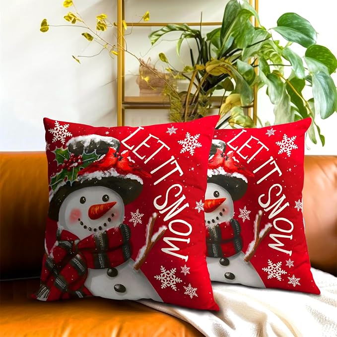Xmas Pillow Covers 20x20 Inch 2 Packs Christma Snowman Snowflake Decorative Red Pillow Cases Winter Holiday Red Cotton Cushion Cover for Home Sofa Couch Decor