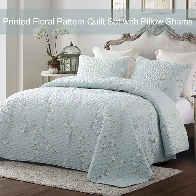 Exclusivo Mezcla Reversible Boho Quilt King Size Aqua | Lightweight Soft Bedspreads, All Season Flowers Coverlet Bedding Set, Printed Floral Pattern, 1 Quilt and 2 Pillow Shams