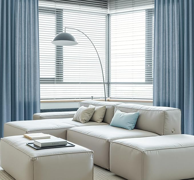 Extra Long Linen Curtains 108 Inches for Living Room Back Tab Semi Sheer High Floor to Ceiling 9ft Light Filtering Curtain Boho Farmhouse Decor Window Drapes for Bedroom 2 Panels Blue