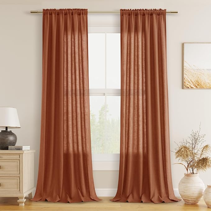 Terracotta Linen Curtains 96 Inch Length for Living Room Bedroom 2 Panels Set Rod Pocket Light Filtering Semi Sheer Window Curtains 52 Inch Width Boho Farmhouse Linen Drapes, W52xL96