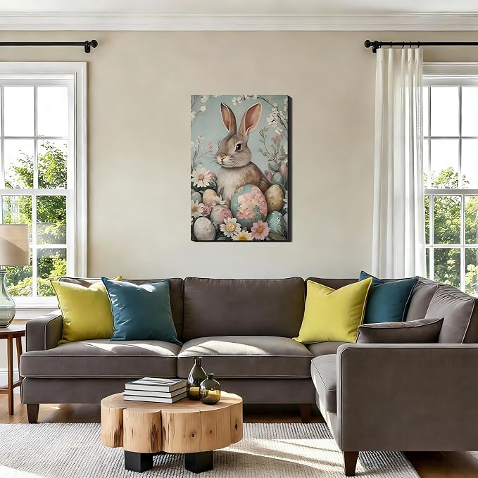 RIBNTAK Vintage Easter Bunny Eggs Wall Art, Colorful Rabbit Canvas Prints Wall Decor for Bedroom, Living Room,Bathroom, Bar, Office Classic, Rabbit Pictures Artwork & Farmhouse Easter Decor