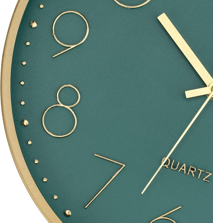 Foxtop 12" Modern Wall Clock Silent Battery Operated Metal Gold Clock | Dark Green Dial, Non-Ticking, Round, Analog Clock, Quartz, Easy to Read, Living Room, Bedroom, Kitchen, Office