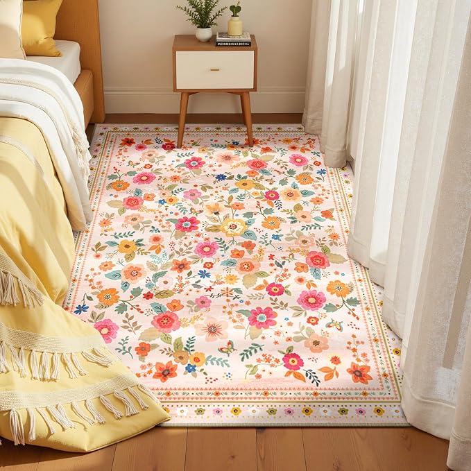 Washable Floral Area Rug for Living Room 3x5 Pink Beige | Non-Slip，Vacuum-Friendly, Low Pile, Flower Carpet for Bedroom Kitchen Entryway Dining Room Office Nursery