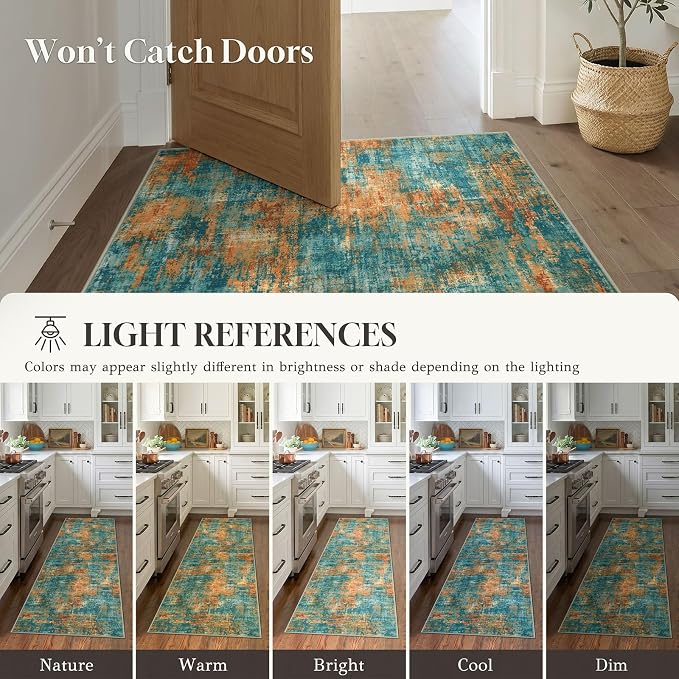 Lansny Abstract Washable Entryway Rug 3x5 Area Rug Non Slip Kitchen Rugs | Teal/Orange;Thin Printed Faux Wool Door Mat;Front Door Rug;Indoor Entry Rug;Rubber Backed Floor Carpet;Throw Rugs