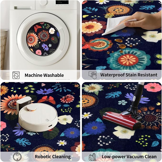 Ciicool 4x6 Washable Area Rug Floral Living Room Rugs for Bedroom Bedside | Soft Low Pile Carpet for Hallway Entryway Playroom Laundry Office Home Boho Non-Slip Black Carpets
