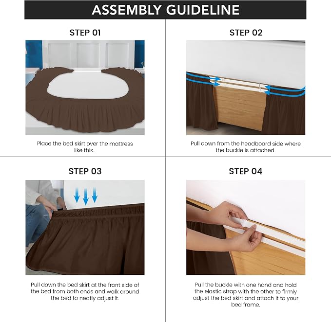 Wrap Around Queen Bed Skirt, Easy Fit Elastic Belt, 16 Inch Drop, Brown | No Mattress Lifting, Stay-Put Design, Adjustable Buckle & Elastic Belt, Wrinkle & Fade Resistant, Brushed Microfiber