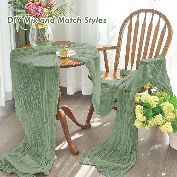 IVAPUPU Sage Green Table Runner 120 Inches for Birthday Party Home Decor | 4 Pcs Boho Gauze 10FT Cheesecloth Table Runners for Wedding Baby Shower Decorations Summer Garden Farmhouse
