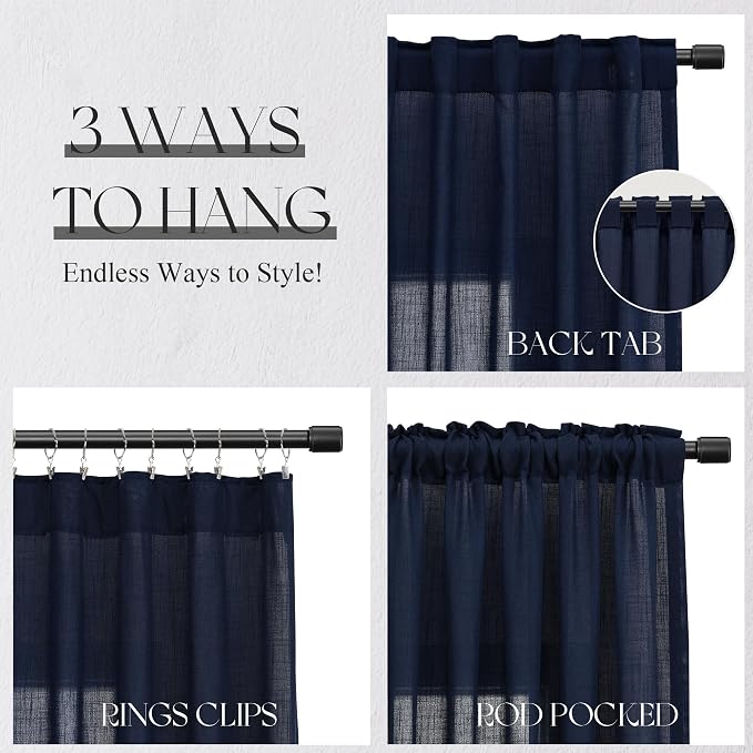 Jowels Navy Linen Curtains 63 Inch Long 2 Panels for Living Room | Navy Blue Light Filtering Semi Sheer Curtain,Back Tab Pocket Pleated Look,Boho Textured Privacy Drapes for Bedroom Window