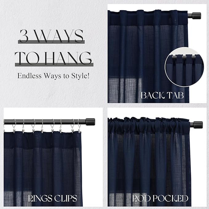Jowels Navy Linen Curtains 86 Inch Long 2 Panels for Living Room | Navy Blue Light Filtering Semi Sheer Curtain,Back Tab Pocket Pleated Look,Boho Textured Privacy Drapes for Bedroom Window