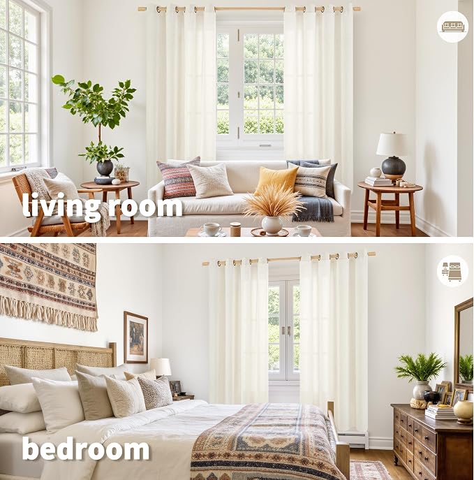 YoungsTex Ivory Linen Semi Sheer Curtains 52X68 Inch Length 2 Panels | Light Filtering Drapes with Bronze Grommet Privacy for Bedroom Living Room Window Decorative