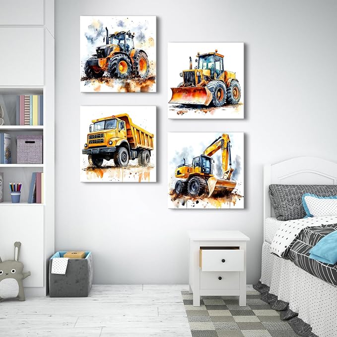 Set of 4 Construction Vehicles Canvas Wall Art Large Boys Room Pictures Decorations Cartoon Dump Bulldozer Excavator Tractor Truck Wall Decor Kids Bedroom Playroom Posters Paintings Artwork 20x20”