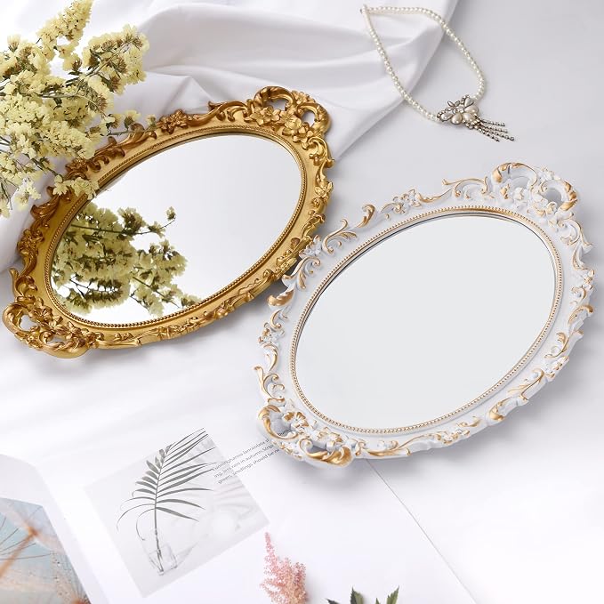 Tstarer Vintage Decorative White Framed Mirror, Small Oval Wall Hanging Mirror - 9.6" W x 14.3" L (White)