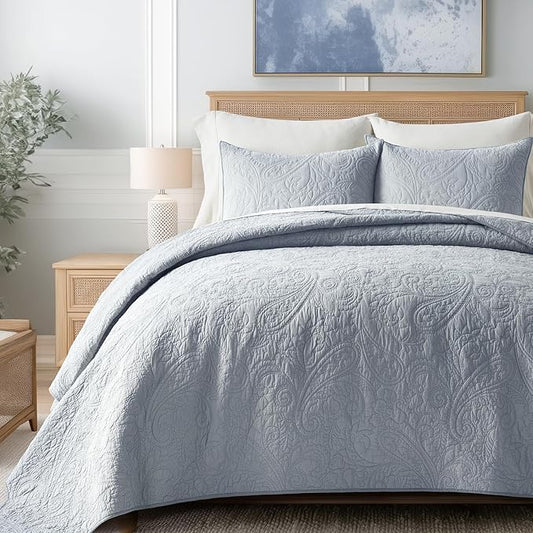 EVERGRACEHOME 100% Cotton Paisley Quilt Set, King Size, Pearl Blue | Prewashed for Softness, Year-Round Breathability, Gift-Ready Box, Matelasse-style Quilted Coverlet, 3 Piece Set with 2 Shams