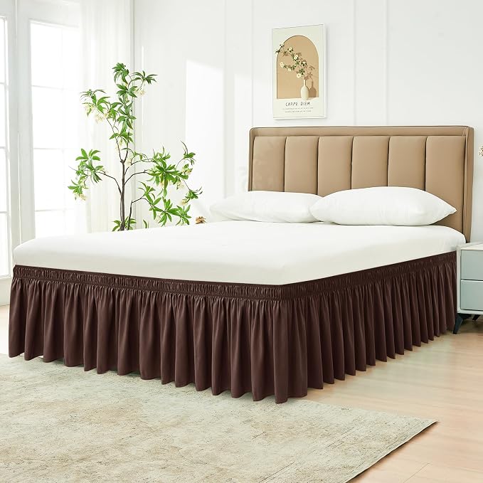 Wrap Around Bed Skirt Full Size 25" Drop-Elastic Long Dust Ruffle Brown | Adjustable Pleated Bedskirt-Easy Fit Wrinkle Resistant Washable Bed Skirting-Hotel Studio Apartment Home Guest Bedroom Rental