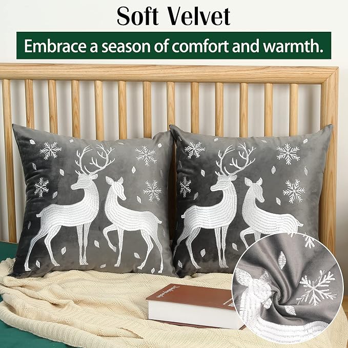 Lewondr Christmas Throw Pillow Cover with Deer Snowflake, 18"x18", 2 Pack | Gray, Soft Velvet, Embroidery Decorative, Luxurious Sofa Cushion Cover, Home Christmas Decoration