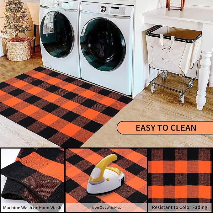 Buffalo Plaid Area Rug 27.5x43 in, Orange Black Indoor Outdoor Rug | Cotton Blend, Orange and Black Checkered, Machine Washable, Front Porch Entryway, Kitchen Bathroom