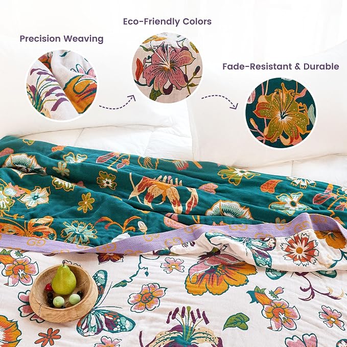 MSGKV Boho Throw Blanket 90"x90" Summer Cotton Floral Queen Size Blanket | Floral Pattern, Queen Size Blanket, Muslin Throw, Reversible Woven, Farmhouse Style, Lightweight Comfort, Machine Washable