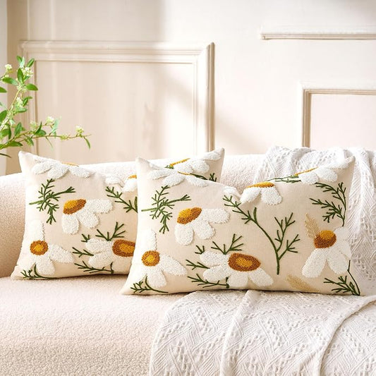 Embroidered Lumbar Pillow Covers Boho Farmhouse Daisy Tufted Pillow Covers Floral Decorative Couch PillowCases 12x20 Cottagecore Square Cushion Cover Set of 2 for Living Room Couch Sofa Bed Home Decor