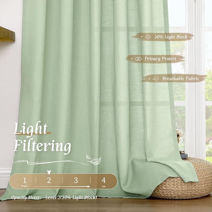 72 inches Long Light Green Linen Curtains for Living Room 2 Panels | Light Filtering, Soft, Linen Textured, Neutral, Window Treatment, Drapes for Farmhouse, Bedroom, Rod Pocket, 52 x 72 Inch