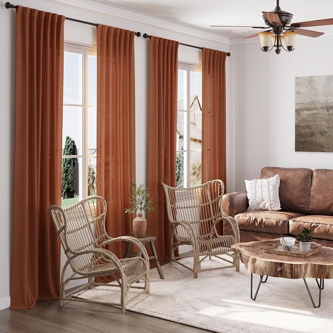 Rust Linen Curtains 95 inches Long 2 Panel Back Tab Rod Pocket Rustic Farmhouse Boho Linen Curtain for Dining Room Brick Burnt Bohemian Fall Decor Terracotta Semi Sheer Curtains 95 inch Length