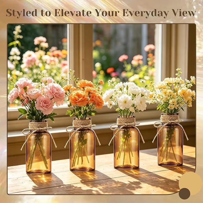 Mason Jar Glass Vases 6 Pack, Amber Flower Vase for Centerpieces | Rustic Farmhouse Home Decor, Bud Vase with Twine, Wedding Table Decoration, Boho Floral Arrangement, Vintage Jars Bulk
