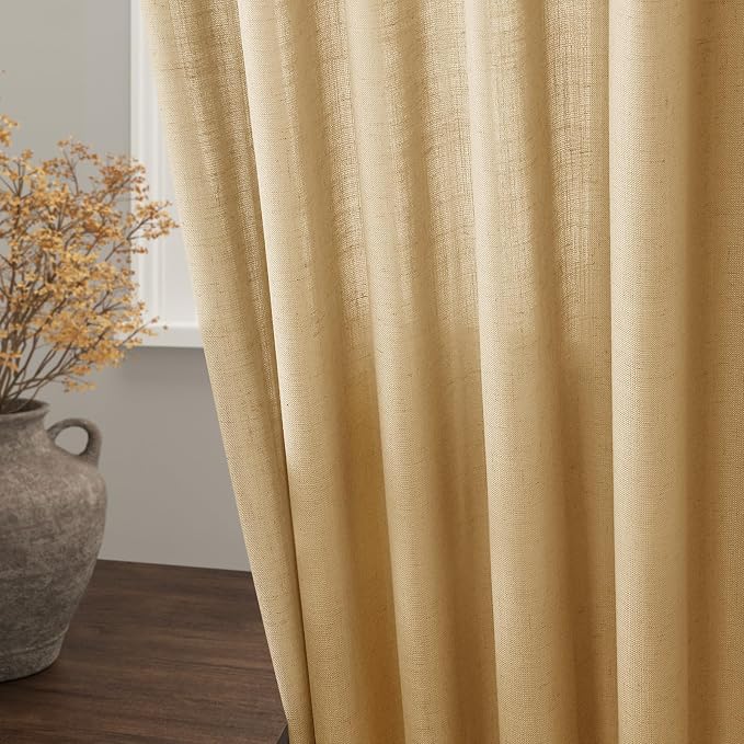 Gold Yellow Linen Curtains 72 Inch Length for Living Room Sheer Lightweight Door Drapes 2 Panels Set for Kids Bedroom Light Filtering Back Tab Rod Pocket Curtain for Kitchen Protect Privacy 52x72