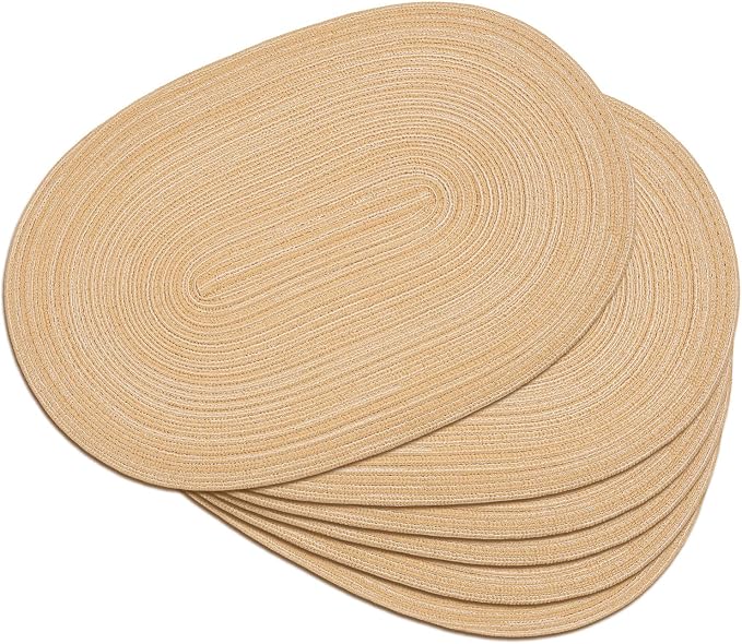 Placemats Set of 6, Woven Oval Braided Dining Table Mats(Beige Brown) | 12 x 17.5 Inch Size Fits Plates and Flatware; Hand Washable and Heat Resistant for Kitchen Use, with Farmhouse and Boho Style