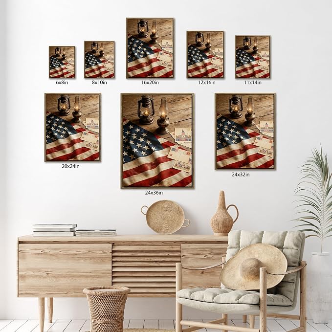American Flag Framed Canvas Wall Art, 4th of July Patriotic Canvas Prints | USA Flag with Picture Poster Print, Modern Independence Day Wall Decor for Bedroom Living Room Office 16×20in