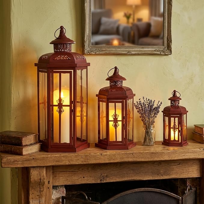 JHY DESIGN Set of 3 Decorative Candle Lanterns 20"&14"&10" H Outdoor Candle Lanterns Vintage Metal Candle Holders for Indoor, Outdoor, Parities, Garden, Porch(Red with Black Brush)
