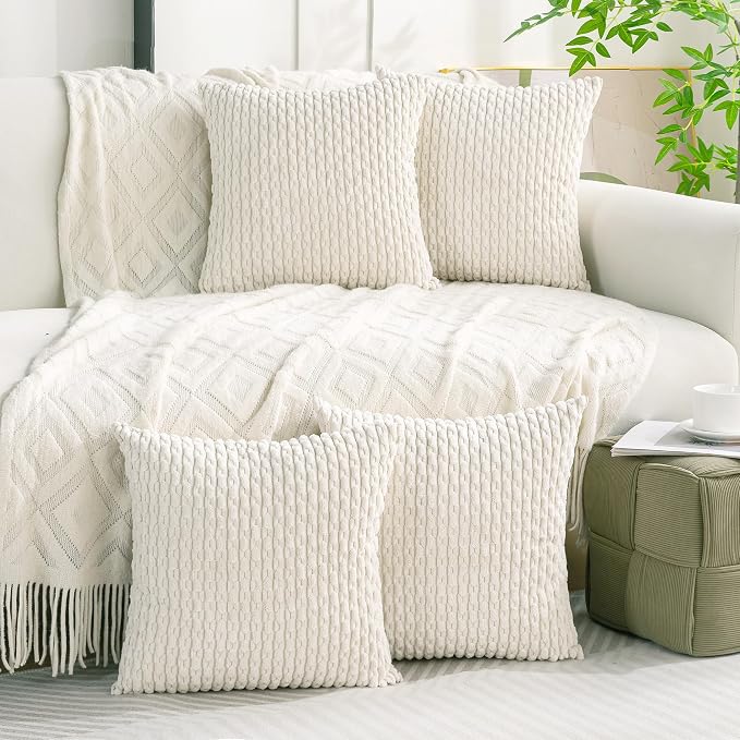 Set of 4 Cream White Decorative Throw Pillow Covers 16x16 Inch Corduroy Pillow Covers for Bed Couch Sofa Living Room Soft Square Cushion Cases
