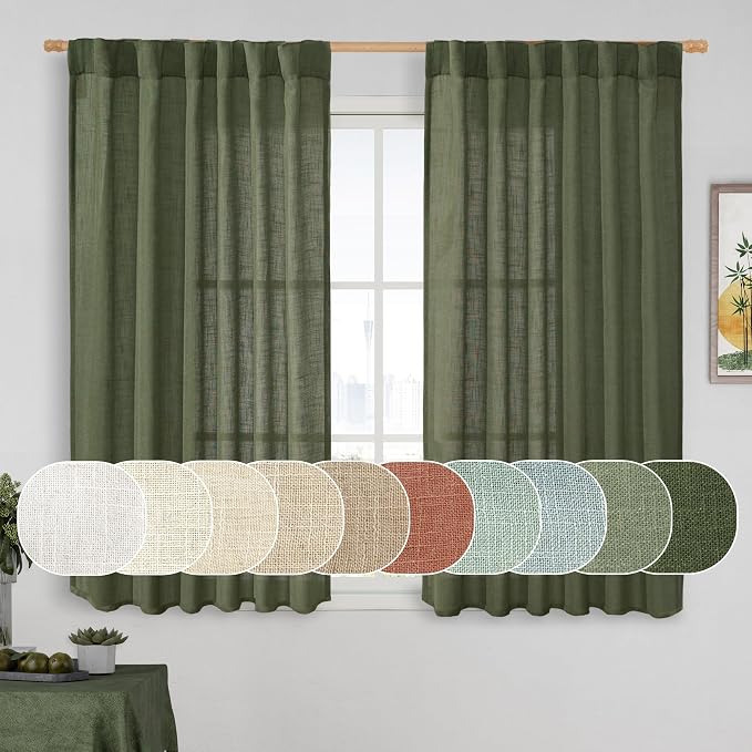 Olive Green Linen Semi Sheer Curtains 45 Inch for Bedroom Window | Light Filtering, Neutral Window Treatment Curtains, Rod Pocket Back Tab, Christmas Decor Panels, 2 Panels, 52 x 45 Inch