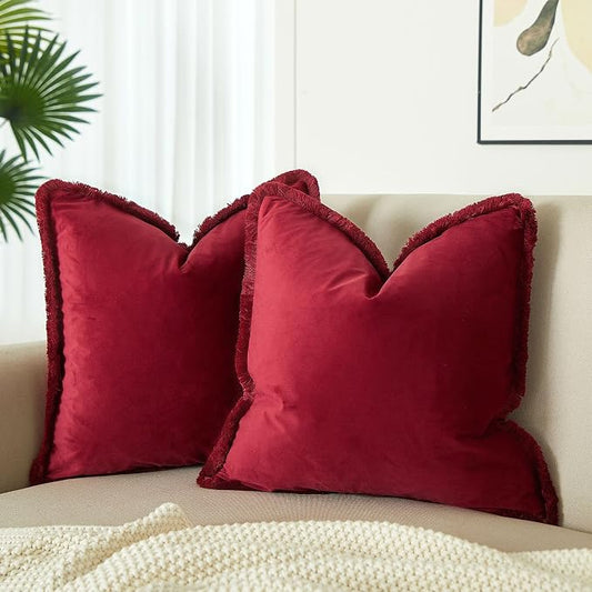 JUSPURBET Red Decorative Velvet Fringe Throw Pillow Covers 16x16 Set of 2 Boho Soft Cushion Case for Home Decor Living Room Couch Sofa Bed