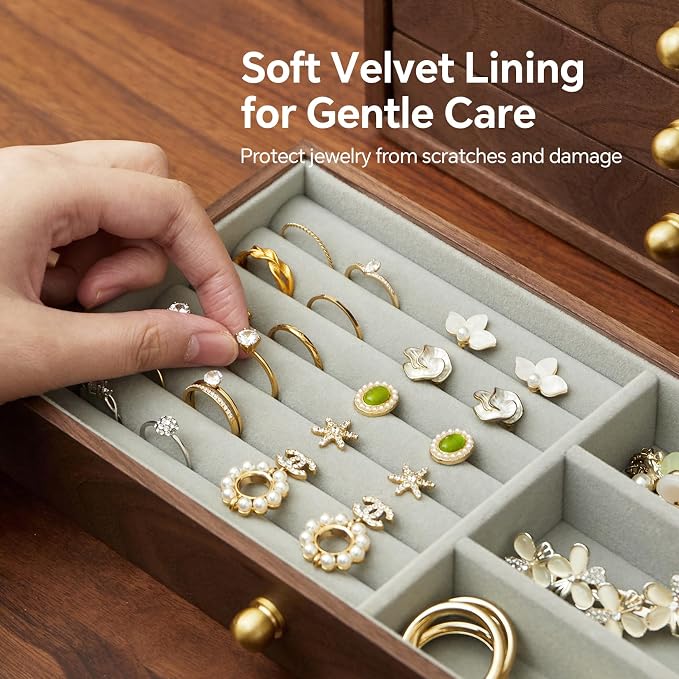 Wooden Jewelry Box for Women Men, 4 Drawers | Velvet Lined Organizer, Large, Solid Black Walnut Brass Handles, For Rings, Necklaces, Earrings
